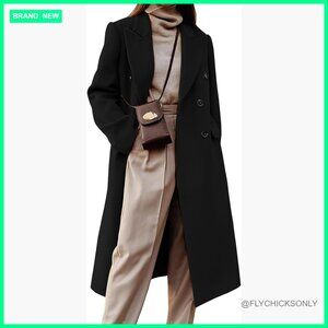 Wool Blend Long Trench Coat Double Breasted Overcoat Below Knee